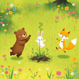In a joyful spring scene on a vibrant green grassy field, a cute brown bear, a delightful little white rabbit, and an adorable yellow fox are happily jumping around a small tree sprout