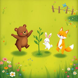 In a joyful spring scene on a vibrant green grassy field, a cute brown bear, a delightful little white rabbit, and an adorable yellow fox are happily jumping around a small tree sprout
