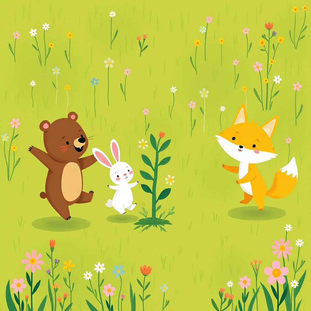 In a joyful spring scene on a vibrant green grassy field, a cute brown bear, a delightful little white rabbit, and an adorable yellow fox are happily jumping around a small tree sprout