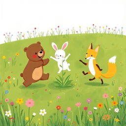 In a joyful spring scene on a vibrant green grassy field, a cute brown bear, a delightful little white rabbit, and an adorable yellow fox are happily jumping around a small tree sprout