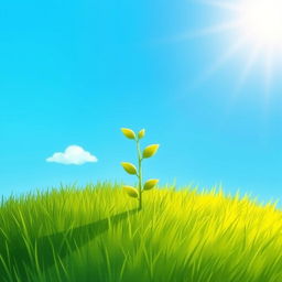 In a bright spring scene under the warm sunlight, a small seedling stands proudly on a lush green grassy field