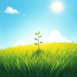 In a bright spring scene under the warm sunlight, a small seedling stands proudly on a lush green grassy field
