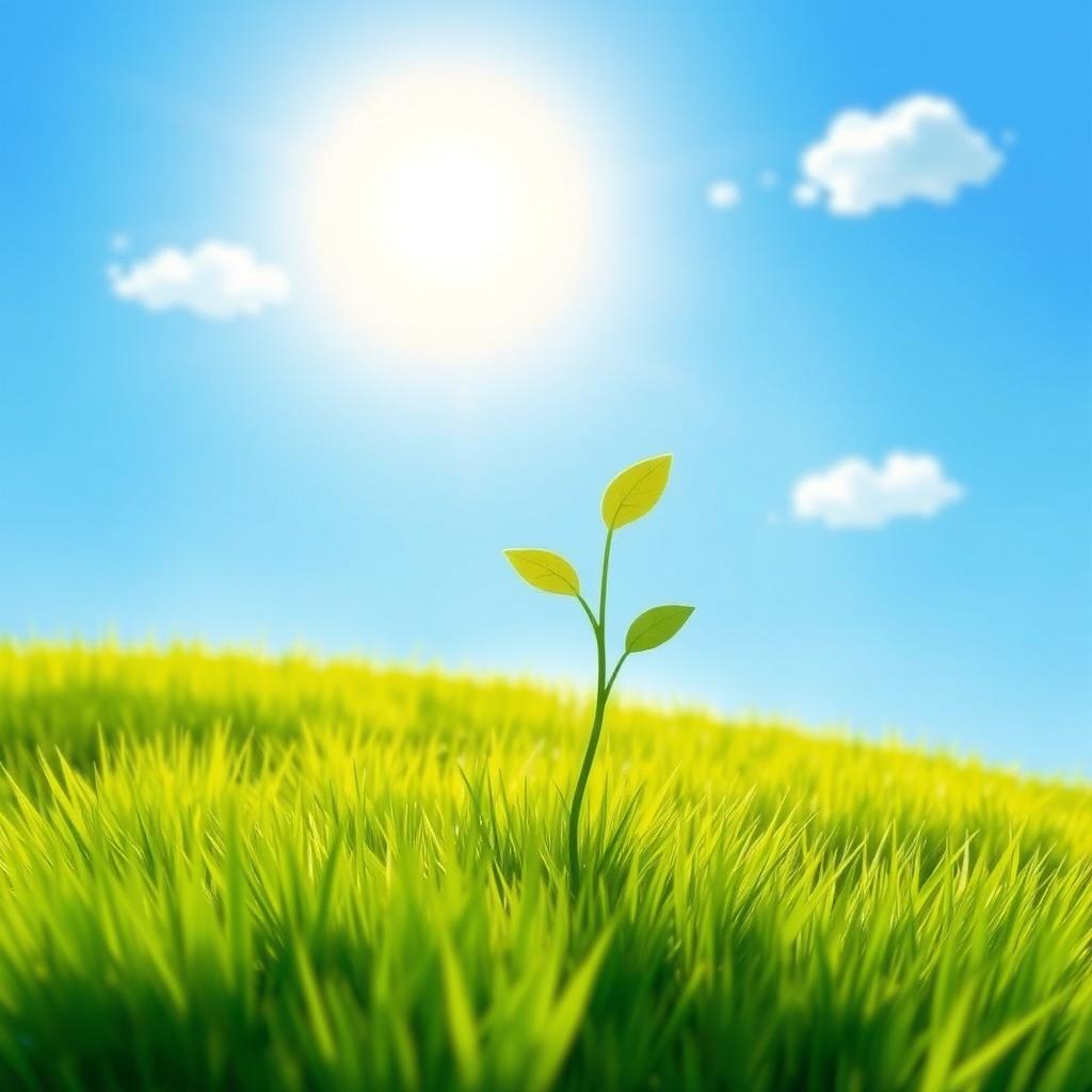 In a bright spring scene under the warm sunlight, a small seedling stands proudly on a lush green grassy field
