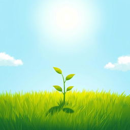 In a bright spring scene under the warm sunlight, a small seedling stands proudly on a lush green grassy field