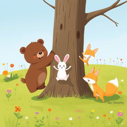 In a cheerful spring scene on a lush green grassy field, a cute brown bear, a delightful little white rabbit, and an adorable yellow fox are joyfully jumping around a large sapling