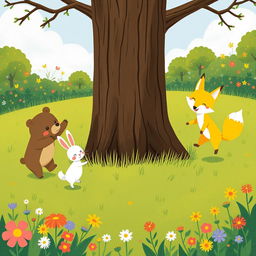 In a cheerful spring scene on a lush green grassy field, a cute brown bear, a delightful little white rabbit, and an adorable yellow fox are joyfully jumping around a large sapling