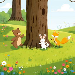 In a cheerful spring scene on a lush green grassy field, a cute brown bear, a delightful little white rabbit, and an adorable yellow fox are joyfully jumping around a large sapling