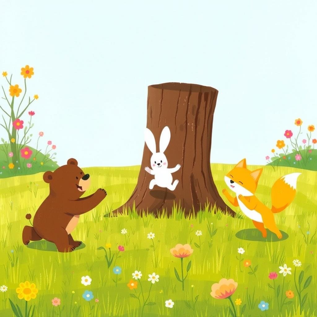 In a cheerful spring scene on a lush green grassy field, a cute brown bear, a delightful little white rabbit, and an adorable yellow fox are joyfully jumping around a large sapling