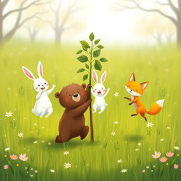 In spring, a cute brown bear, an adorable white rabbit, and a charming little yellow fox are joyfully jumping around a young sapling in a vibrant green meadow