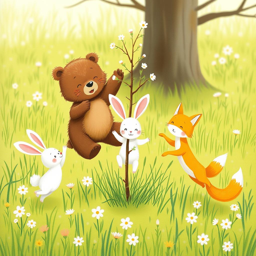 In spring, a cute brown bear, an adorable white rabbit, and a charming little yellow fox are joyfully jumping around a young sapling in a vibrant green meadow