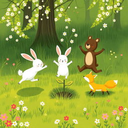 In spring, a cute brown bear, an adorable white rabbit, and a charming little yellow fox are joyfully jumping around a young sapling in a vibrant green meadow