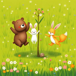 In spring, a cute brown bear, an adorable white rabbit, and a charming little yellow fox are joyfully jumping around a young sapling in a vibrant green meadow