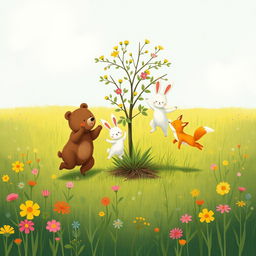 In spring, on a lush green meadow, a cute brown bear, an adorable white rabbit, and a charming little yellow fox are joyfully jumping around a small tree