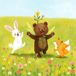 In spring, on a lush green meadow, a cute brown bear, an adorable white rabbit, and a charming little yellow fox are joyfully jumping around a small tree