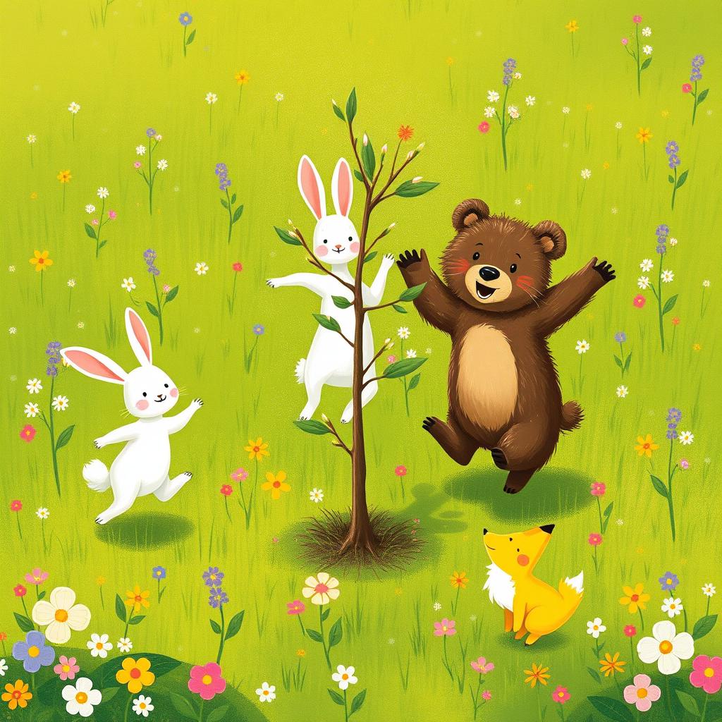 In spring, on a lush green meadow, a cute brown bear, an adorable white rabbit, and a charming little yellow fox are joyfully jumping around a small tree