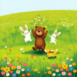 In spring, on a lush green meadow, a cute brown bear, an adorable white rabbit, and a charming little yellow fox are joyfully jumping around a small tree
