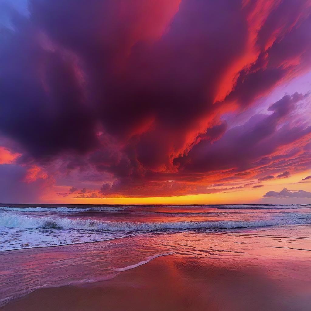 A fiery red sunset with purple clouds over a calm beach, the ocean waves lapping gently at the shore, reflecting the spectacular colors of the sky