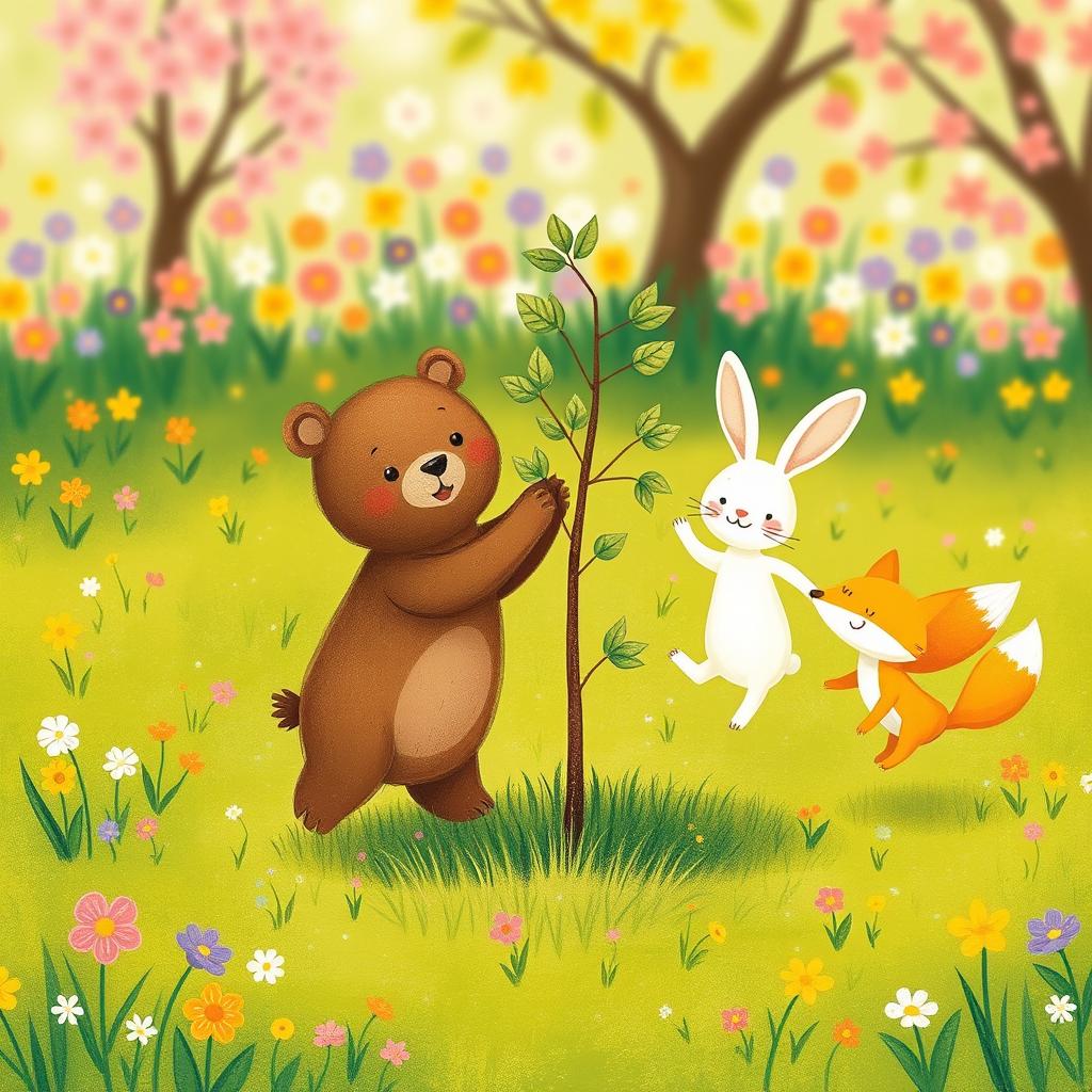 In spring, on a vibrant green meadow, a cute brown bear, an adorable white rabbit, and a charming little yellow fox are joyfully jumping around a small tree