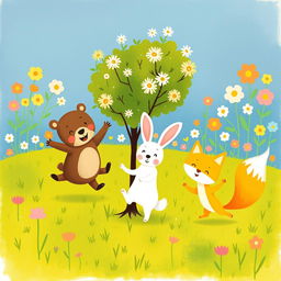 In spring, on a vibrant green meadow, a cute brown bear, an adorable white rabbit, and a charming little yellow fox are joyfully jumping around a small tree