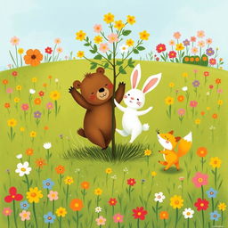 In spring, on a vibrant green meadow, a cute brown bear, an adorable white rabbit, and a charming little yellow fox are joyfully jumping around a small tree