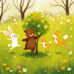 In spring, on a vibrant green meadow, a cute brown bear, an adorable white rabbit, and a charming little yellow fox are joyfully jumping around a small tree