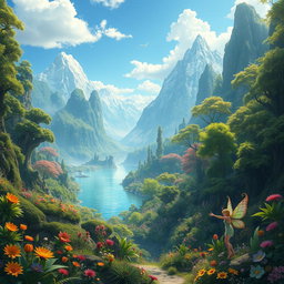 A vibrant and expansive fantasy world featuring lush green forests filled with exotic plants and colorful flowers, towering mountains in the background with snow-capped peaks under a bright blue sky, and shimmering lakes reflecting the sunlight