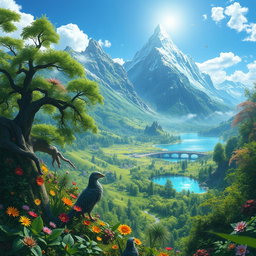 A vibrant and expansive fantasy world featuring lush green forests filled with exotic plants and colorful flowers, towering mountains in the background with snow-capped peaks under a bright blue sky, and shimmering lakes reflecting the sunlight