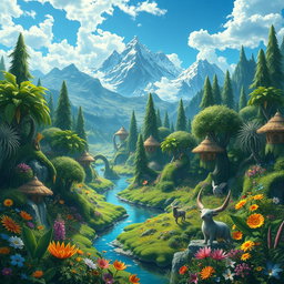 A vibrant and expansive fantasy world featuring lush green forests filled with exotic plants and colorful flowers, towering mountains in the background with snow-capped peaks under a bright blue sky, and shimmering lakes reflecting the sunlight