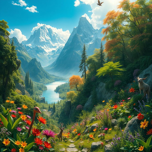 A vibrant and expansive fantasy world featuring lush green forests filled with exotic plants and colorful flowers, towering mountains in the background with snow-capped peaks under a bright blue sky, and shimmering lakes reflecting the sunlight