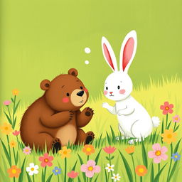 In spring, on a lush green meadow, a cute brown bear and an adorable white rabbit are having a playful argument
