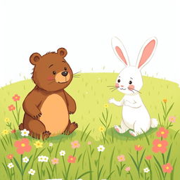 In spring, on a lush green meadow, a cute brown bear and an adorable white rabbit are having a playful argument