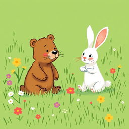 In spring, on a lush green meadow, a cute brown bear and an adorable white rabbit are having a playful argument