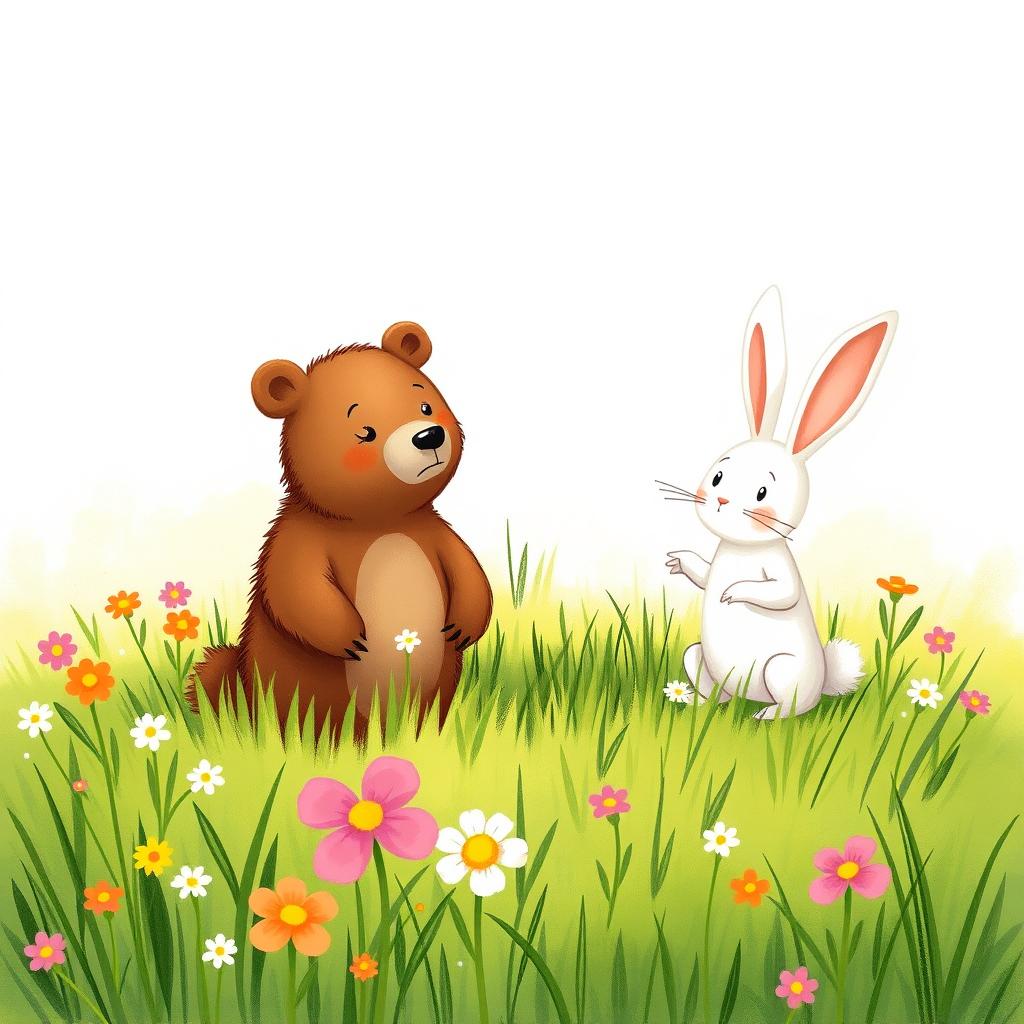In spring, on a lush green meadow, a cute brown bear and an adorable white rabbit are having a playful argument