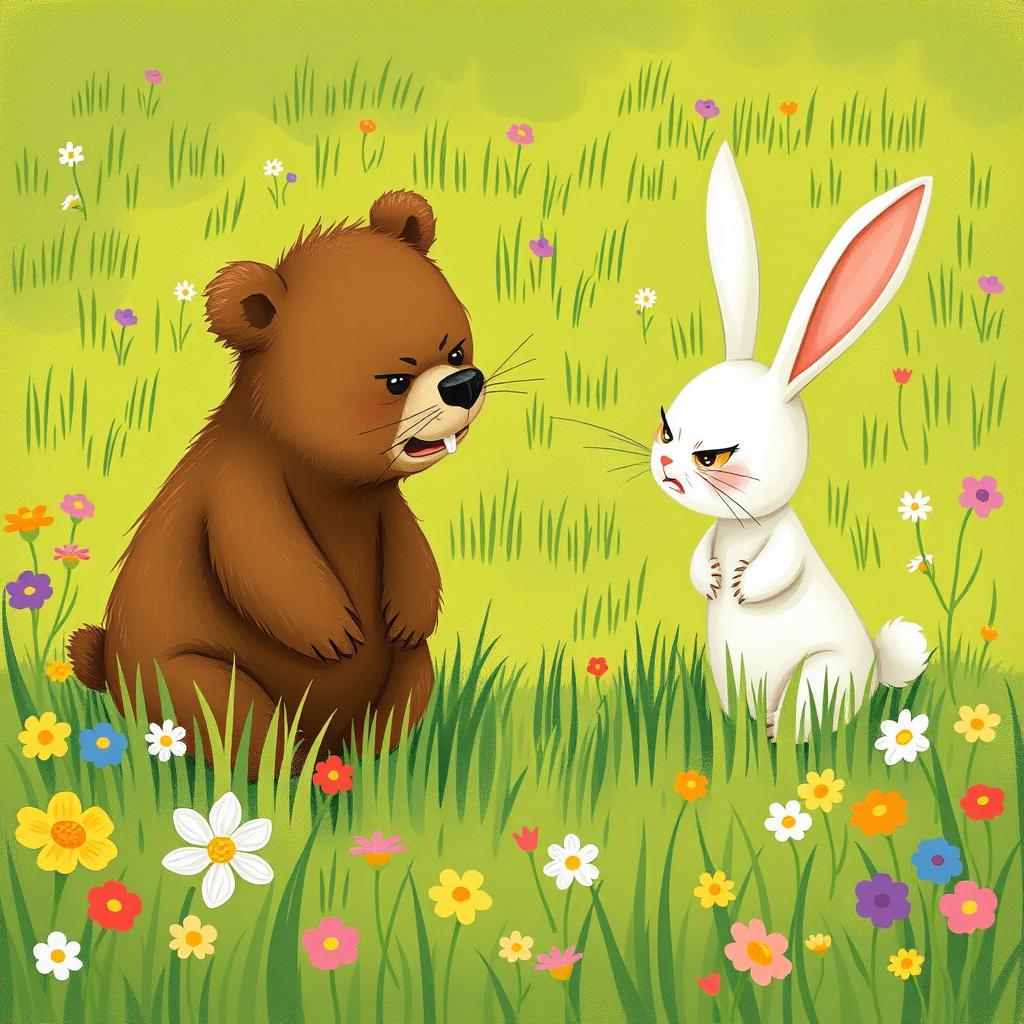 In spring, on a vibrant green meadow, a cute brown bear and an adorable white rabbit are in a lively argument