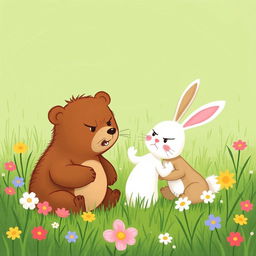 In spring, on a vibrant green meadow, a cute brown bear and an adorable white rabbit are in a lively argument