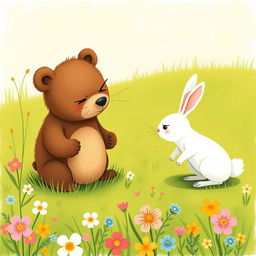 In spring, on a vibrant green meadow, a cute brown bear and an adorable white rabbit are in a lively argument
