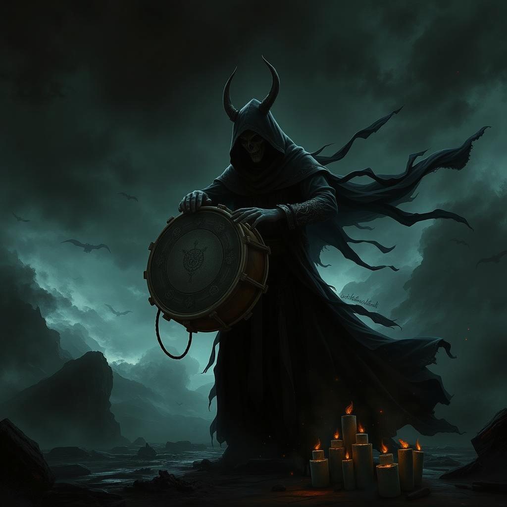 A dark fantasy scene featuring a mysterious, cloaked figure with horns, holding a drum amidst a stormy landscape