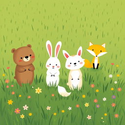 In spring, on a lush green meadow, a cute brown bear, an adorable white rabbit, and a charming little yellow fox are all standing on the grass, each wearing a puzzled expression