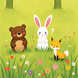 In spring, on a lush green meadow, a cute brown bear, an adorable white rabbit, and a charming little yellow fox are all standing on the grass, each wearing a puzzled expression