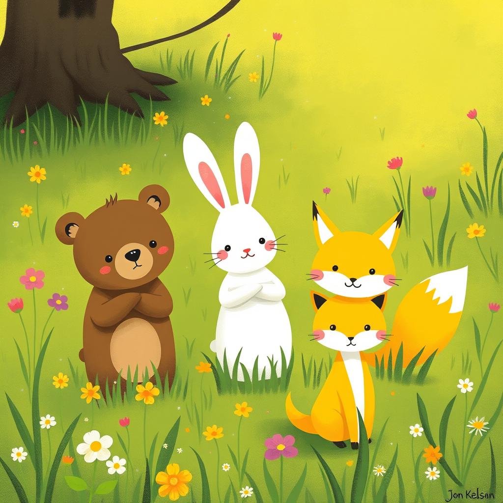 In spring, on a lush green meadow, a cute brown bear, an adorable white rabbit, and a charming little yellow fox are all standing on the grass, each wearing a puzzled expression
