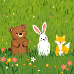 In spring, on a lush green meadow, a cute brown bear, an adorable white rabbit, and a charming little yellow fox are all standing on the grass, each wearing a puzzled expression