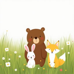 In a spring meadow, a cute brown bear, a lovable little white rabbit, and an adorable yellow fox are standing on the grass, all wearing puzzled expressions