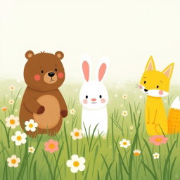 In a spring meadow, a cute brown bear, a lovable little white rabbit, and an adorable yellow fox are standing on the grass, all wearing puzzled expressions