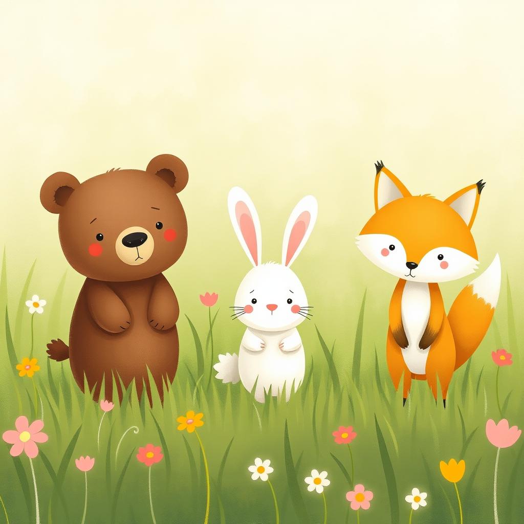 In a spring meadow, a cute brown bear, a lovable little white rabbit, and an adorable yellow fox are standing on the grass, all wearing puzzled expressions
