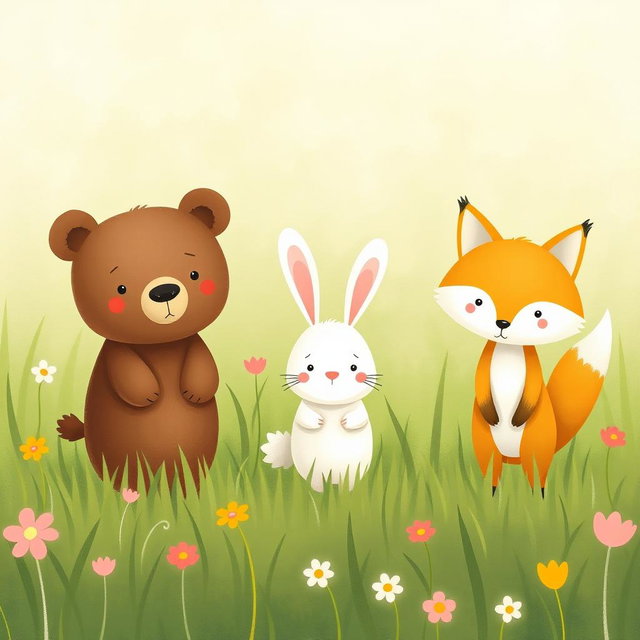 In a spring meadow, a cute brown bear, a lovable little white rabbit, and an adorable yellow fox are standing on the grass, all wearing puzzled expressions