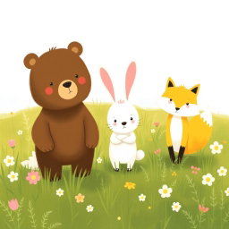 In a spring meadow, a cute brown bear, a lovable little white rabbit, and an adorable yellow fox are standing on the grass, all wearing puzzled expressions