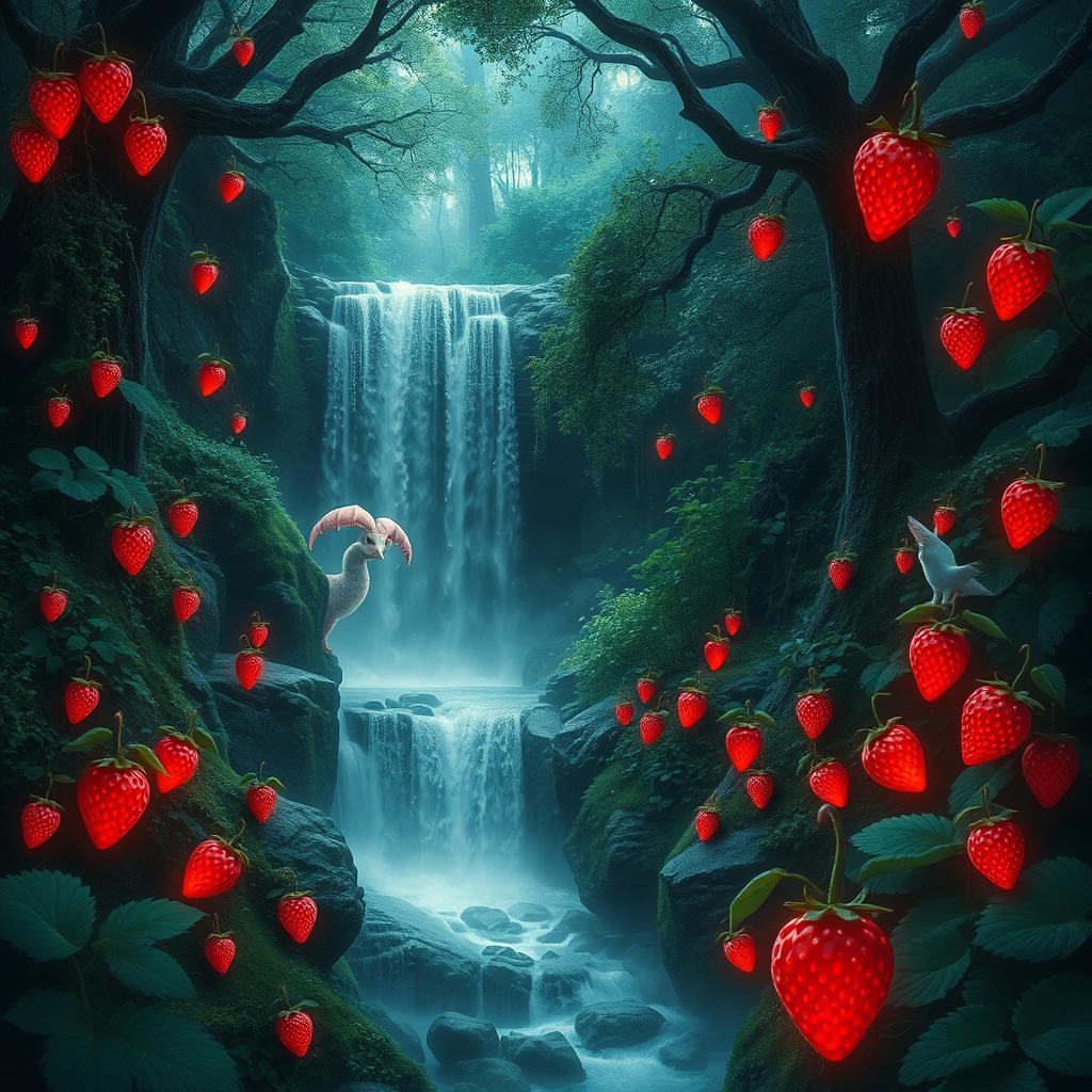 A mystical forest scene featuring a dark magic waterfall surrounded by lush greenery and vibrant, glowing strawberries that appear to pulse with an otherworldly energy