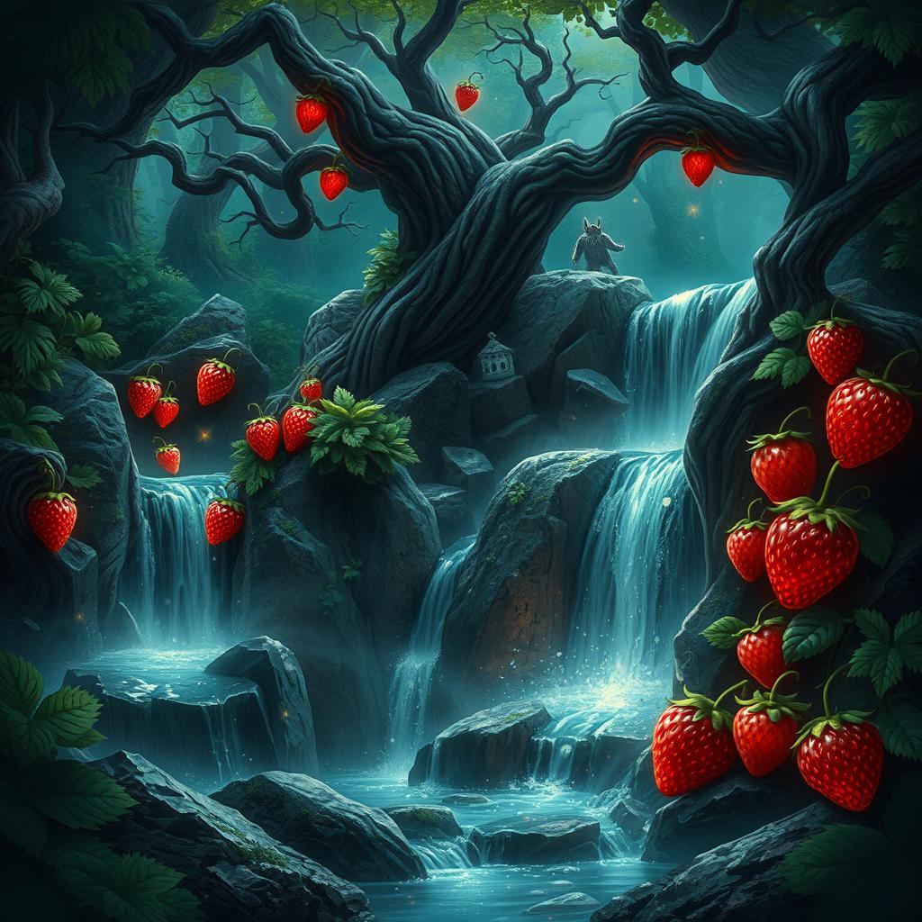 A mystical forest scene featuring a dark magic waterfall flowing with shimmering water surrounded by enchanted greenery