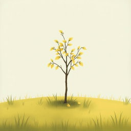 In a spring meadow, a small tree is wilting, with yellowing leaves and some leaves having fallen to the grass