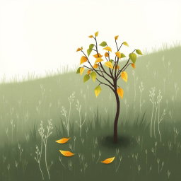 In a spring meadow, a small tree is wilting, with yellowing leaves and some leaves having fallen to the grass
